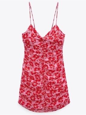 Zara Women's Pink Red Floral Twisted Bodice Mini Dress Spaghetti Strap M New